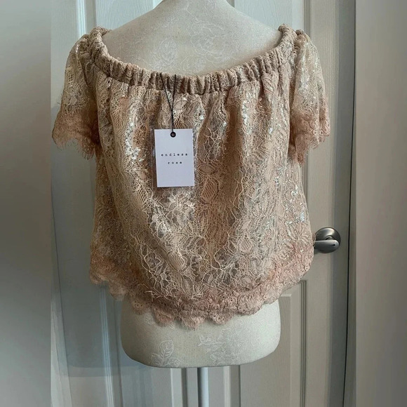 Revolve Endless Rose Off The Shoulder Shimmer light pink & silver top size M NWT - Picture 4 of 16